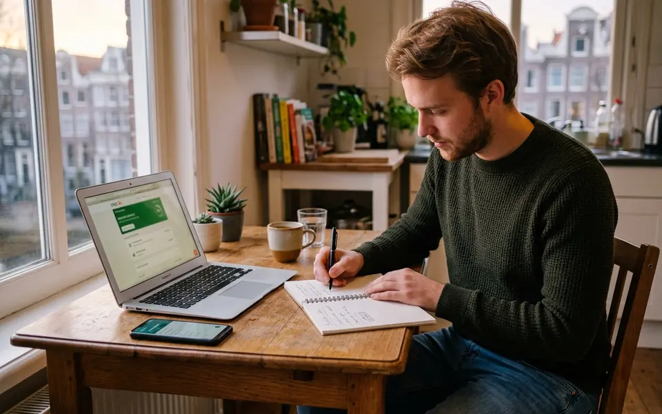 Jonge man noteert uitgaven in een notitieboekje