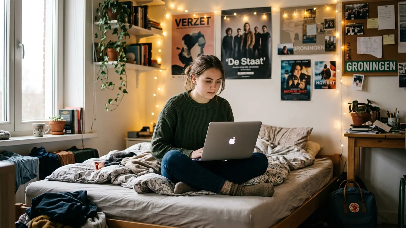 Studente bekijkt haar DUO-schuldoverzicht op een laptop in haar studentenkamer
